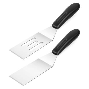 Imagem de 2 miniespátulas de aço inoxidável, espátulas de metal para uso na cozinha, espátula pequena com alça resistente ao calor para sobremesas, biscoitos, ovos, panquecas, brownies, bolos