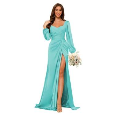 Imagem de Vestido de dama de honra Dessiny, mangas compridas, decote em V, cetim