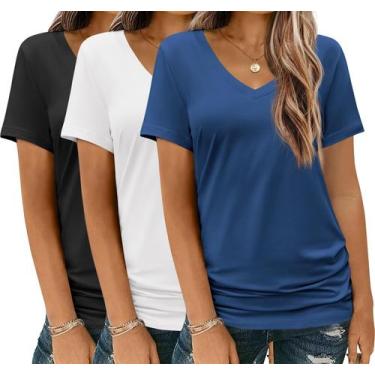 Imagem de Camiseta feminina HOTOUCH de verão com decote em V e manga curta, paco