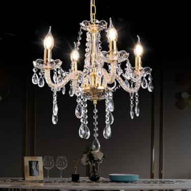 Imagem de MALOSA Pequenos lustres de cristal dourado, mini lustre moderno de 4 luzes, candelabro de vidro antigo para quarto, sala de estar, entrada