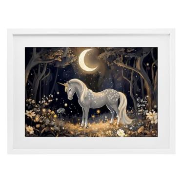Imagem de Stupell Industries Impressão emoldurada branca de unicórnio de conto de fadas iluminada pela lua, design da Creative Studio, 35,5 x 50,8 cm