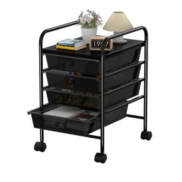 Imagem de Carrinho utilitário de 4 níveis com 4 gavetas Carrinho de armazenamento multiuso com rodas e alças para escritório, sala de aula, cozinha, banheiro, quarto, organização, preto