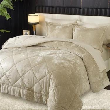 Imagem de Ivellow Conjunto de edredom Queen Queen com 7 peças, de veludo amassado, de flanela, bege, ultramacio, respirável, luxuoso, macio, quente, para inverno, com lençóis, fronhas e fronhas