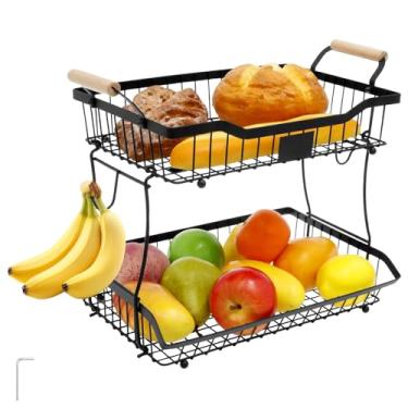 Imagem de Cesta de frutas de 2 camadas com cabides de banana cesta de metal ferro vegetal bancada tigela de frutas para lanche e pão de cebola