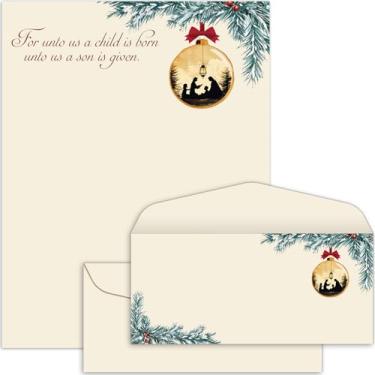 Imagem de Conjunto de 50 papéis timbrados de Natal da Sagrada Família com envelopes, papel de papelaria para anotações, convites para o Papai Noel, escritório, escola, 21 x 28 cm