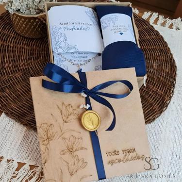 Imagem de Kit Convite Padrinhos Gravata Pulseira Caixa Deco Azul-Marin