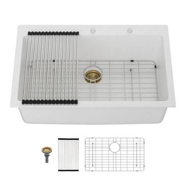 Imagem de Mocoloo Pia de cozinha composta de granito de 83 polegadas - Pia de cozinha branca de 84 x 56 x 24,5 cm, quartzo branco e preto, pia de cozinha com grade inferior e ralo