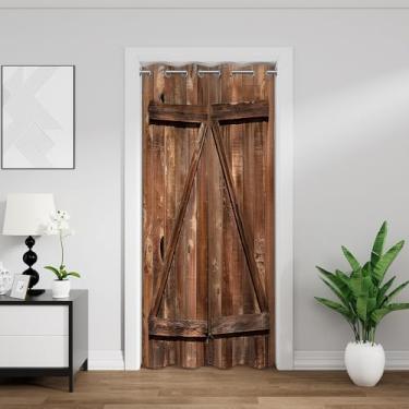 Imagem de Cortinas antigas para portas de celeiro de madeira caramelo para privacidade de porta, tábuas de madeira vintage, estilo rural, campo nativo, casa de fazenda, divisória para quarto, sala de estar