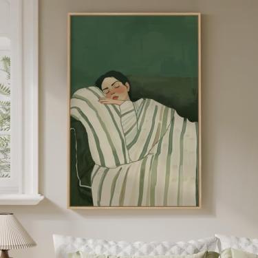Imagem de Arte de parede emoldurada para quarto de mulher, pintura em tela grande e aconchegante para decoração de quarto, arte minimalista relaxante para paredes, impressão de imagem verde para decoração de