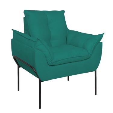 Imagem de Poltrona Sofá Luxo Base Metal Preto Recepção Escritório Azul Turquesa