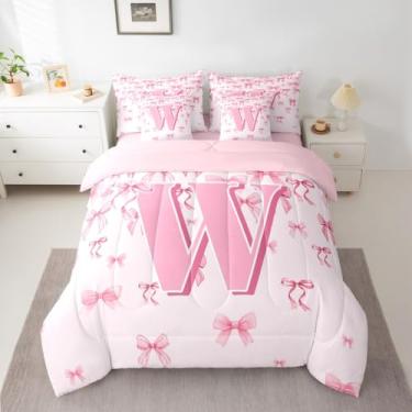 Imagem de jejeloiu Conjunto de edredom com laço rosa para meninas, 7 peças, solteiro, com laço fofo, para crianças, meninos, meninas, monograma, decoração de quarto, laços coquetes, respirável, microfibra macia