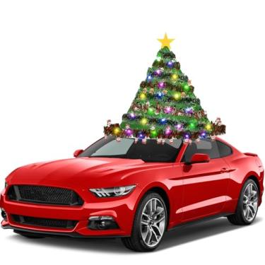 Imagem de Decoração de carro de Natal, 94 cm 2025, chapéu gigante de árvore de Papai Noel, feltro verde para carro, com LED e decoração de tiras de Natal para decoração de festa (verde - 94 cm)