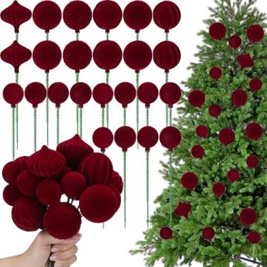 Imagem de Knitgrip 24 peças de enfeites de veludo com bolas de Natal flocadas 19 cm, decoração de palitos de árvore de Natal inquebráveis, enfeites de árvore de Natal para enchimentos de vasos de Natal