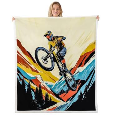 Imagem de Cobertor de mountain bike, manta felpuda de natureza rústica de pinheiros, montadas em grafite, esportes radicais, jogos de lã para cama, sofá, azul, amarelo, macio e respirável, tamanho Queen (224 x