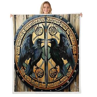 Imagem de Erosebridal Cobertor Viking Throw 127 x 152 cm sherpa preto corvo cobertor misterioso de lã viking runa para crianças adolescentes adultos cama sofá, mitologia nórdica totem felpudo cobertor