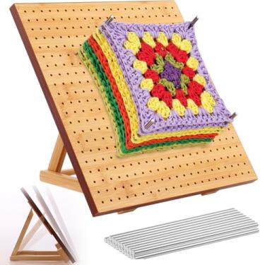Imagem de Placa de bloqueio de crochê, placa de bloqueio de crochê de bambu portátil feita à mão com 20 pinos de aço, suporte ajustável para projetos de crochê e quadrados de avó (25 * 25 cm)