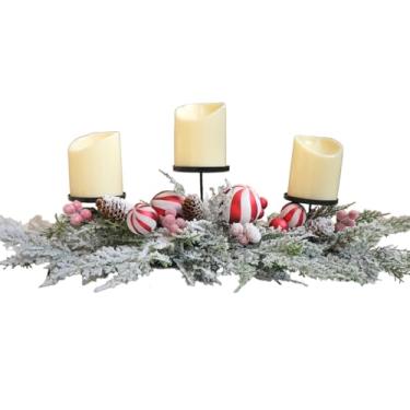 Imagem de Egolot Suporte de vela de Natal de 71 cm com bolas vermelhas brancas de Natal e frutas vermelhas para centros de mesa, centros de mesa de centro de mesa de jantar, suporte de vela de 3 bandejas