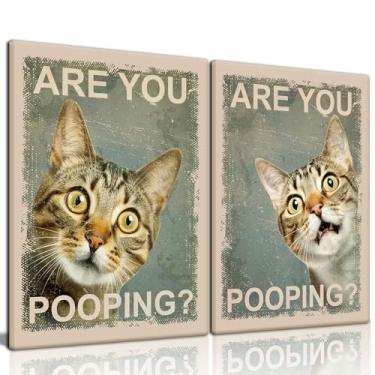 Imagem de 2 peças de pintura de parede de gato engraçada emoldurada Você está cocô? Impressão de pôster em tela fofa decoração de banheiro tela de humor para amantes de gatos donos de animais de estimação
