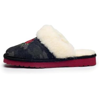 Imagem de ARIAT Pantufas femininas Jackie de couro de camurça genuíno macio e quente com gola de pelúcia, Camuflagem rosa, 41