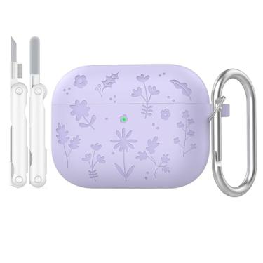 Imagem de Rertnocnf Capa compatível com AirPods 4, linda capa de flor gravada compatível com AirPod 4 2024, capa protetora à prova de choque com mosquetão e kit de limpeza de silicone macio
