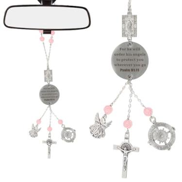 Imagem de Nextpal Amuleto de carro cruzado, para espelho retrovisor, acessórios para pendurar rosário cristão com salmo 91 versículo bíblico religioso, decoração anjo proteção para carros, caminhões, homens