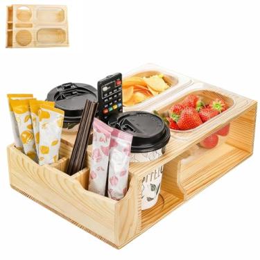 Imagem de Tebery Suporte de copo de sofá, bandeja prática para sofá com 2 tigelas de lanche, caixa de lanche de cerveja antiderramamento para cama, sofá, organizador de mesa de madeira para bebidas, controles