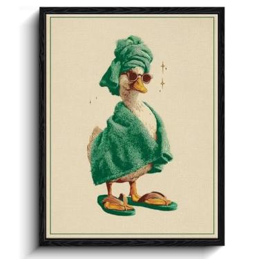 Imagem de Arte de parede de pato spa, óculos de sol turbante de toalha, decoração de parede caprichosa, impressão em tela emoldurada com acabamento fosco, arte de pôster de banheiro, para presente de