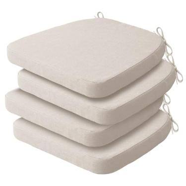 Imagem de Almofadas de cadeira de jantar bege com laços, almofadas de assento impermeáveis para ambientes externos com suporte antiderrapante, capa removível lavável na máquina, 40,6 x 40,6 x 5 cm, conjunto de