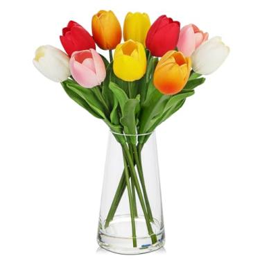 Imagem de Arborus Tulipas falsas flores artificiais tulipas em vaso de vidro com água sintética, toque real de 36 cm, decoração de flores de tulipa roxa para mesa de centro de mesa, casa de fazenda, decoração