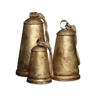 Imagem de Conjunto de 3 sinos de metal rústicos de fazenda, sinos envelhecidos azul-petróleo com corda de juta para decoração de pendurar (dourado rústico), Natal, Ano Novo, Ação de Graças