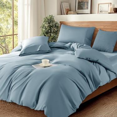 Imagem de DEITAS Capas de edredom 100% algodão - 1200 fios, capa de edredom de algodão egípcio de luxo, capas de edredom de cama de hotel 3 peças (Queen, azul francês)