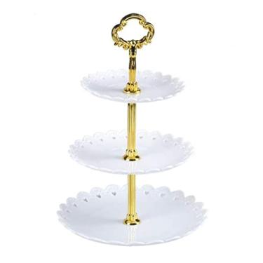 Imagem de Bandeja europeia para festas de fim de ano, prato de três camadas, sobremesa, doces, bolo, suporte para exibição de autoajuda, bandejas de decoração de mesa para casa (cor: branco) (branco)