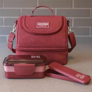 Imagem de Kit Bolsa Térmica C/ 2 Compartimentos + Marmita + Porta Talheres 3 Peças Para Viagem e Armazenamento (Vinho)