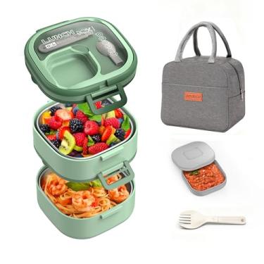 Imagem de PEDECO Caixa Bento empilhável de aço inoxidável, à prova de vazamento, caixa Bento de 2 camadas, lancheira com portátil e talheres - para crianças/crianças pequenas pode ser lavada na lava-louças