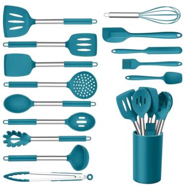 Imagem de Conjunto de 15 peças de utensílios de cozinha com suporte, conjunto de espátula de silicone resistente ao calor Onader com cabo de aço inoxidável - azul