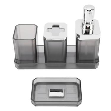 Imagem de Conjunto de acessórios de banheiro com textura brilhante Conjunto de conjunto de banho com suporte para escova de dentes Frascos de loção para copos Bandeja de saboneteira para (Cinza)