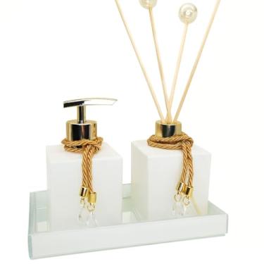 Imagem de Kit Lavabo Presente Sofisticado Vidro Aromatizador Difusor Saboneteira Decoração Banheiro Quarto(Sem Bandeja,Branco Degrade C/Dourado)
