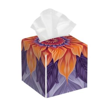 Imagem de Porta-lenços de couro quadrado impermeável mandala damasco étnico organizador de papel facial com cinto inferior cubo estojo de tecido para mesa banheiro escritório mesa carro decorativo