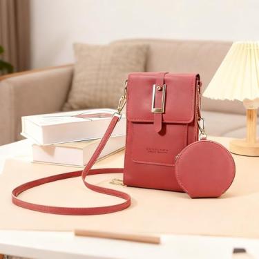 Imagem de Bolsa de couro antifurto, pequena bolsa transversal para celular, carteira feminina com bloqueio de RFID, bolsa tiracolo com alça de ombro, Rosa escuro