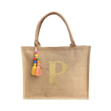 Imagem de Bolsa Juta Personalizada Letra Dourada Inicial Do Nome - Praia Ecologica - (P)