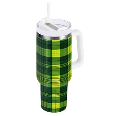 Imagem de ATTX Copo padrão xadrez verde de 850 g com alça, copo de aço inoxidável a vácuo de parede dupla com palha, caneca de café de viagem isolada #120