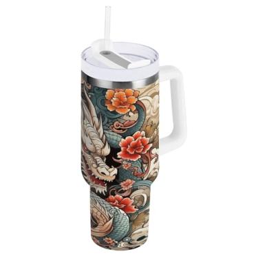 Imagem de xigua Copo vintage com estampa de dragão de 850 g com tampa e canudo, aço inoxidável de vácuo duplo isolado garrafa de água esportiva suporte para copo de café de viagem à prova de vazamento para