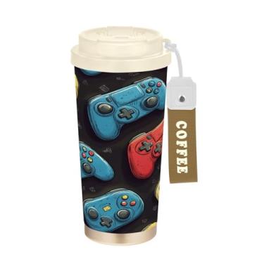 Imagem de Blueangle Caneca de café isolada para viagem com controle de jogo de desenho animado - copo de aço inoxidável à prova de vazamento e derramamento para acampamento e ar livre, garrafa de água