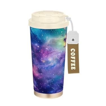 Imagem de SEHANY Caneca de viagem Galaxy Starry Sky de viagem de 500 ml Copos de café reutilizáveis revestidos de cerâmica com tampa à prova de vazamento, parede dupla, isolamento a vácuo, copo de café de aço