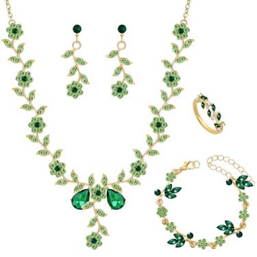 Imagem de NEWITIN Conjunto de 5 peças de joias de casamento para mulheres joias de formatura conjunto de folhas aglomerado de flores brincos pingente de cristal colar banhado a ouro pulseira anel verde strass