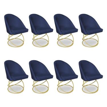 Imagem de Kit 08 Cadeiras Poltrona De Jantar Bela Suede Azul Marinho Base Metálica Luxo Dourado - Pallazio