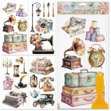 Imagem de GLOBLELAND 4 folhas vintage itens de ferramentas adesivos de transferência para móveis 30,5 x 15,2 cm decalques de transferência de máquina de costura retrô máquina de escrever câmera adesivos