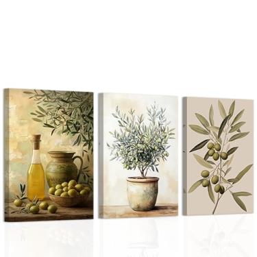 Imagem de CXHOSTENT Arte de parede de cozinha vintage 3 peças imagens verde-oliva impressões em tela botânica rústica ramo de oliveira decoração de parede planta pôster decoração de sala de jantar emoldurada
