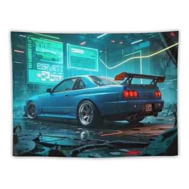 Imagem de HouLaiZhe Tapeçaria de carro azul Jdm Car R32 Ruínas digitais legal para pendurar na parede quarto decoração de casa tapeçarias estética piquenique decoração de parede arte de parede para dormitório
