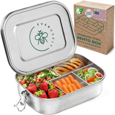 Imagem de Everusely – Caixa Bento – Lancheira de aço inoxidável para adultos – 1,332 g, 1,4 L – Recipiente de lanche com 5 compartimentos com vedação de silicone removível e clipes de trava seguros – à prova de